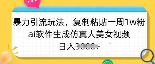 暴力引流玩法，复制粘贴一周1w粉，ai软件生成仿真人美女视频，日入多张-搞钱日记