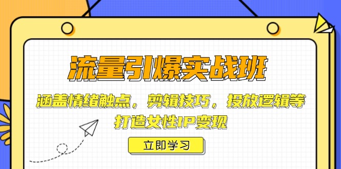 流量引爆实战班，涵盖情绪触点，剪辑技巧，投放逻辑等，打造女性IP变现-搞钱日记