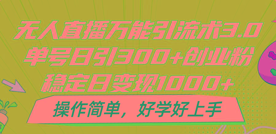 无人直播万能引流术3.0，单号日引300+创业粉，稳定日变现1000+，操作简单-搞钱日记
