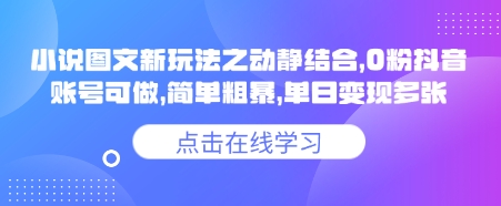 小说推文图文新玩法之动静结合，0粉抖音账号可做，简单粗暴，单日变现多张-搞钱日记