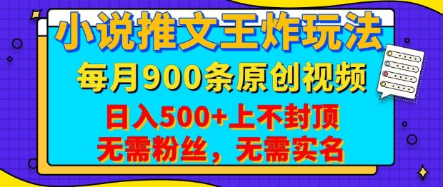 小说推文王炸玩法，一键代发，每月最多领900条原创视频，播放量收益日入5张，无需粉丝，无需实名【揭秘】-搞钱日记