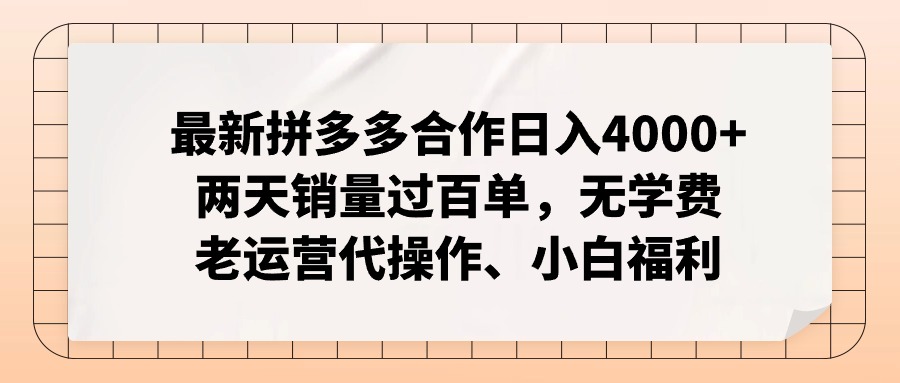 拼多多最新合作日入4000+两天销量过百单，无学费、老运营代操作、小白福利-搞钱日记