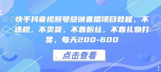 快手抖音视频号放映直播项目教程，不违规，不卖货，不靠粉丝，不靠礼物打赏，每天200-600-搞钱日记