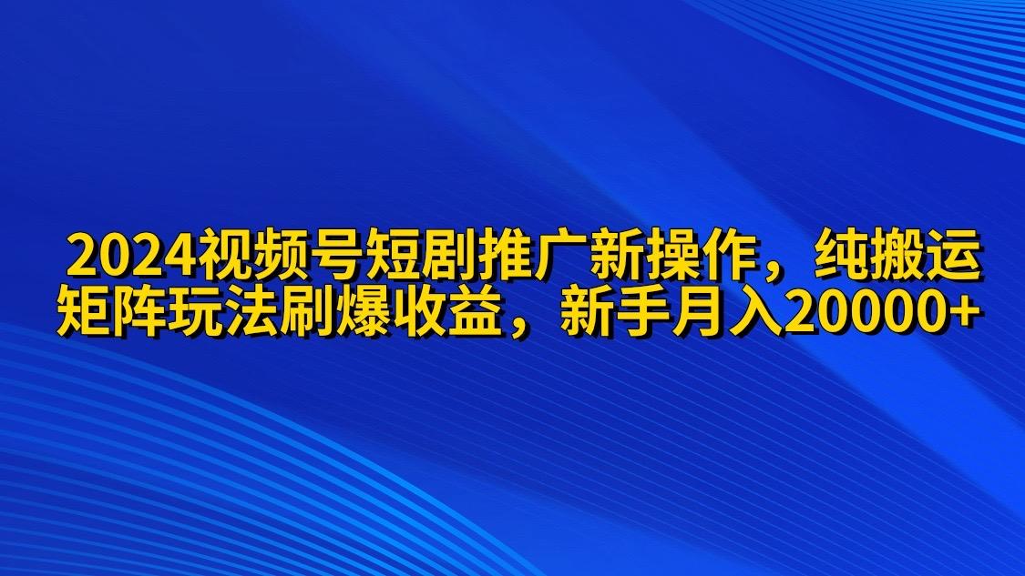 (9916期)2024视频号短剧推广新操作 纯搬运+矩阵连爆打法刷爆流量分成 小白月入20000-搞钱日记