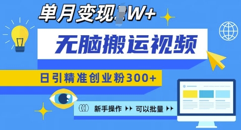 无脑搬运视频号可批量复制，新手即可操作，日引精准创业粉300+，月变现过W 【揭秘】-搞钱日记