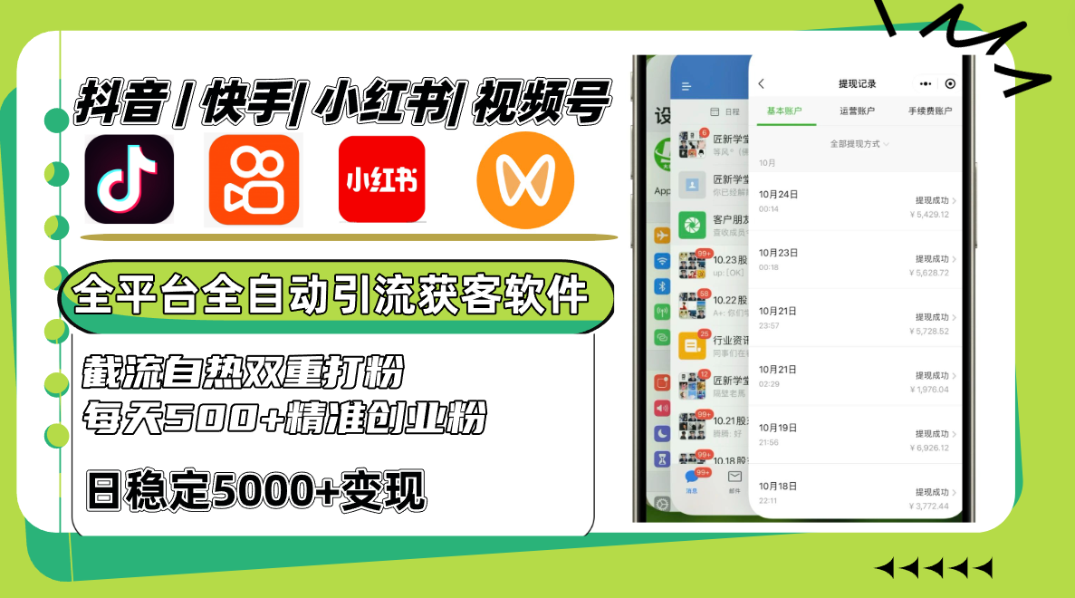 抖音快手小红书视频号全平台全自动引流获客系统，截流自热双重打粉，每天500+精准粉-搞钱日记