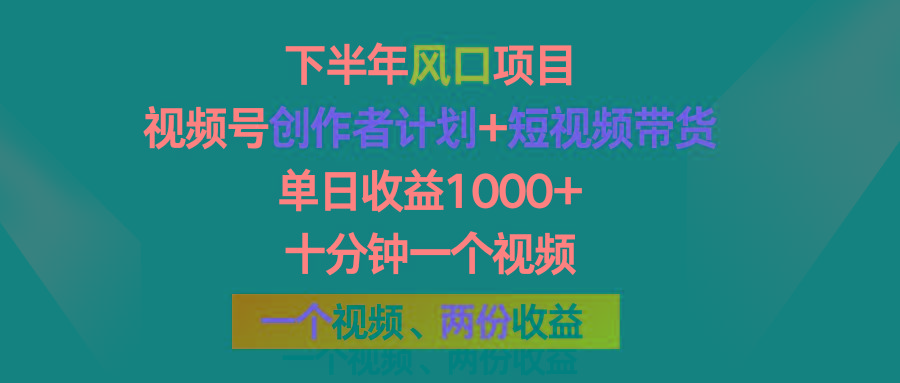 下半年风口项目，视频号创作者计划+视频带货，单日收益1000+，一个视频两份收益-搞钱日记