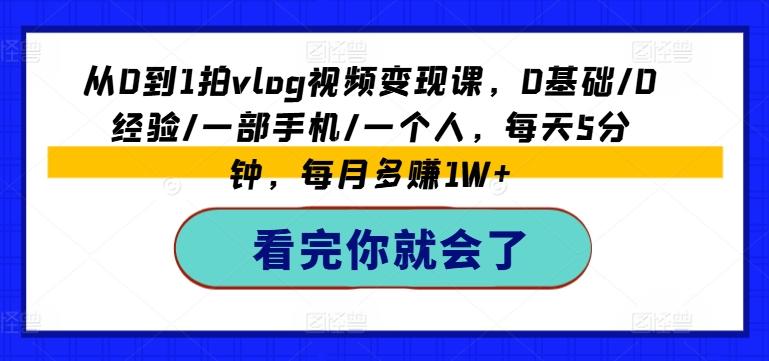 从0到1拍vlog视频变现课，0基础/0经验/一部手机/一个人，每天5分钟，每月多赚1W+-搞钱日记