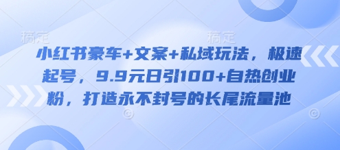 小红书豪车+文案+私域玩法，极速起号，9.9元日引100+自热创业粉，打造永不封号的长尾流量池-搞钱日记