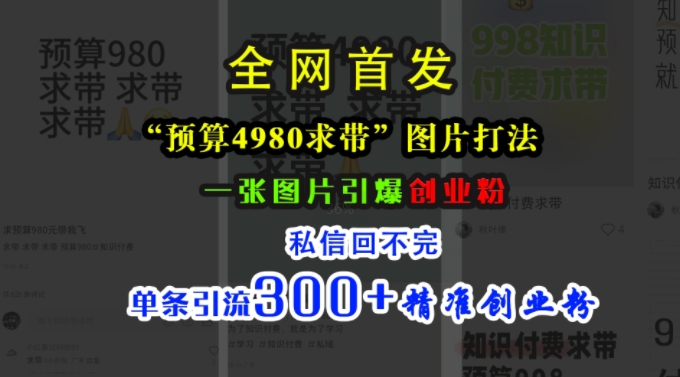 小红书“预算4980带我飞”图片打法，一张图片引爆创业粉，私信回不完，单条引流300+精准创业粉-搞钱日记