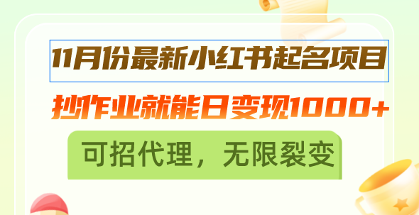 11月份最新小红书起名项目，抄作业就能日变现1000+，可招代理，无限裂变-搞钱日记