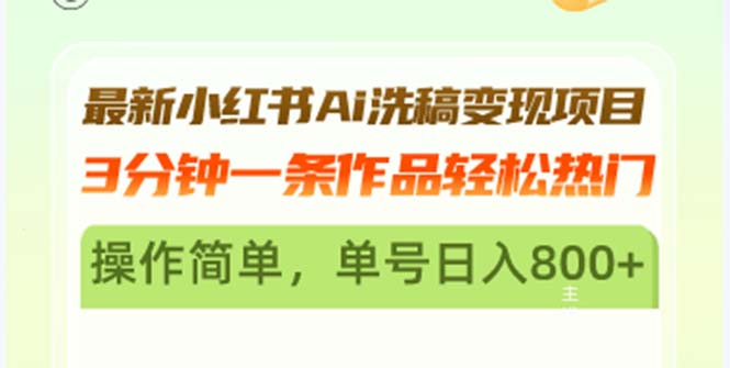 最新小红书Ai洗稿变现项目 3分钟一条作品轻松热门 操作简单，单号日入800+-搞钱日记
