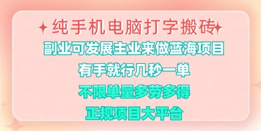 纯手机电脑打字搬砖，有手就行，几秒一单，多劳多得，正规项目大平台【揭秘】-搞钱日记