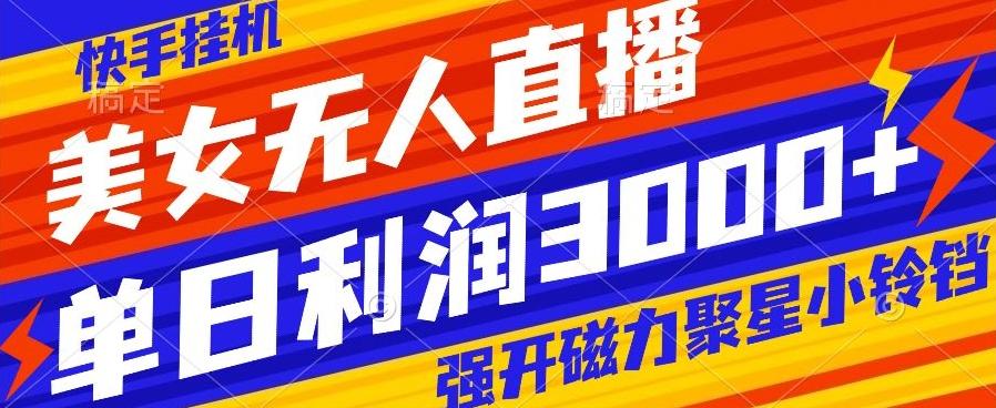 快手挂机，美女无人直播，强开磁力聚星小铃铛，日入3000+-搞钱日记