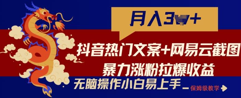 抖音热门文案+网易云截图暴力涨粉拉爆收益玩法，小白无脑操作，简单易上手【揭秘】-搞钱日记
