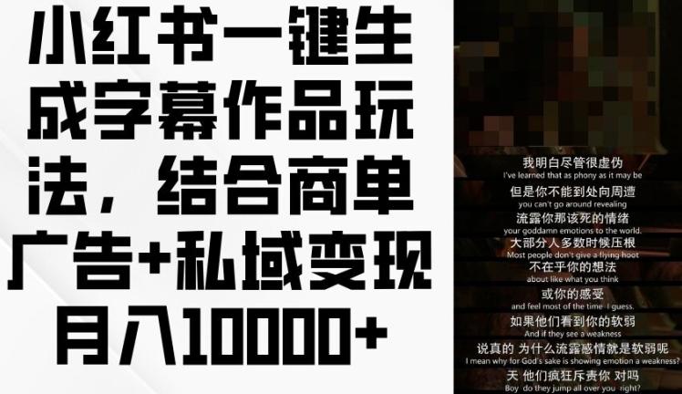 小红书一键生成字幕作品玩法，结合商单广告+私域变现月入1w+【揭秘】-搞钱日记