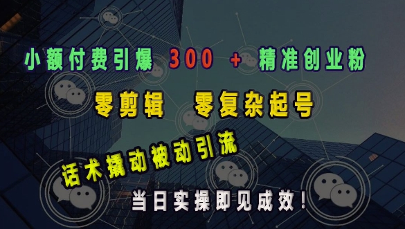 小额付费引爆 300 + 精准创业粉，零剪辑、零复杂起号，话术撬动被动引流，当日实操即见成效-搞钱日记