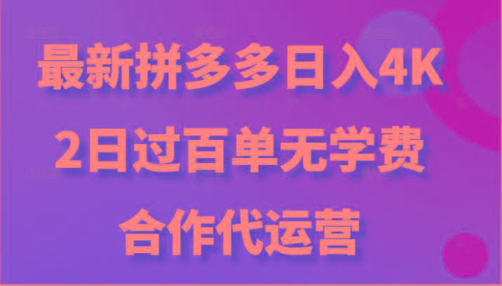 最新拼多多，日入4K+，2日过百单无学费，合作代运营-搞钱日记